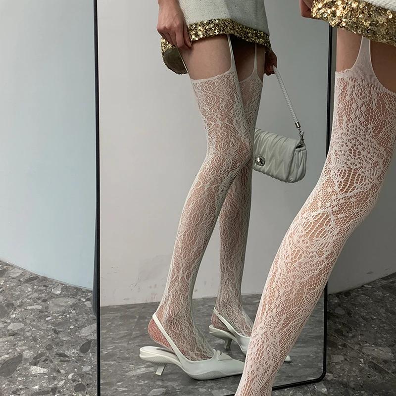 Hollowed Out Lace Fishnet Suspender Socks Women Sexy Slim Nylon Mesh Thigh High Stockings White Tights Open Crotch Pantyhose