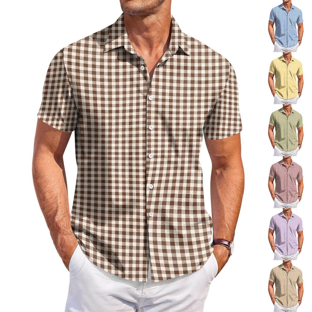 Men's Casual Short Sleeve Button Down Shirt Checkered Pattern Lightweight Breathable Fabric Relaxed Fit Summer Top