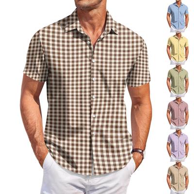 Men's Casual Short Sleeve Button Down Shirt Checkered Pattern Lightweight Breathable Fabric Relaxed Fit Summer Top