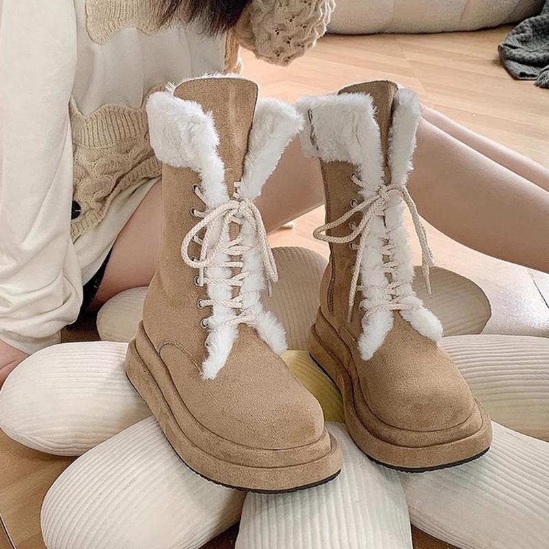Winter New Trend Platform Flats Shoes Casual Short Plush Boots Suede Women Mid Calf Snow Boots Outdoor Trendy Warm Cotton Shoes