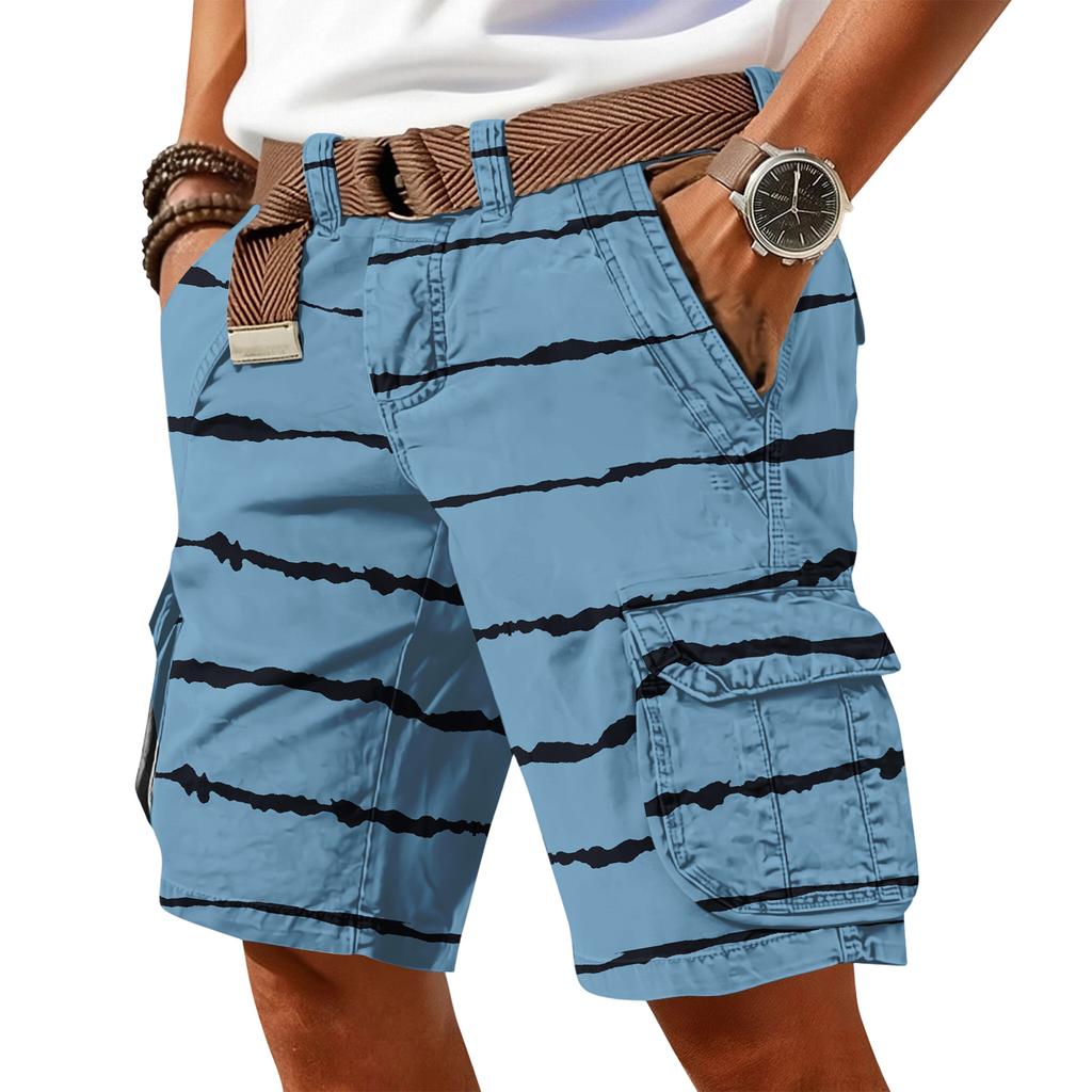 Men's casual trend striped printed short pants - Men's multi-pocket work- athletic shorts (without waistband)