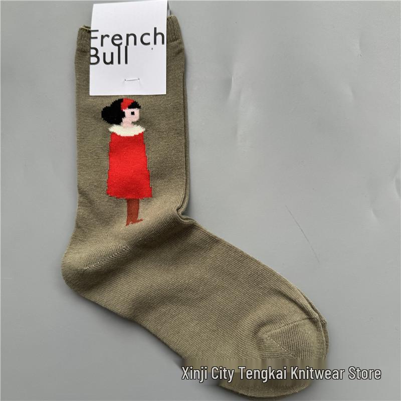 

2025 Japan Frenchbull Spring & Autumn Cute AB Version Women s Mid-Calf Socks коричневый/зелёный