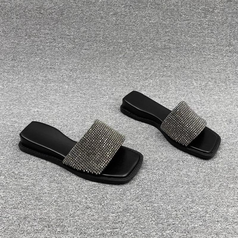 Women Summer Outer Wear Summer Open Toe Casual Flat Low Heel Fashion Square Toe Rhinestone Going Out Slippers Women
