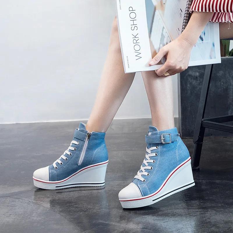 Fashion 8CM AutumnTop Quality Women Canvas Wedges Shoes High Top Pumps Casual Shoes Female Height Increasing Platform Women Canvas Shoes