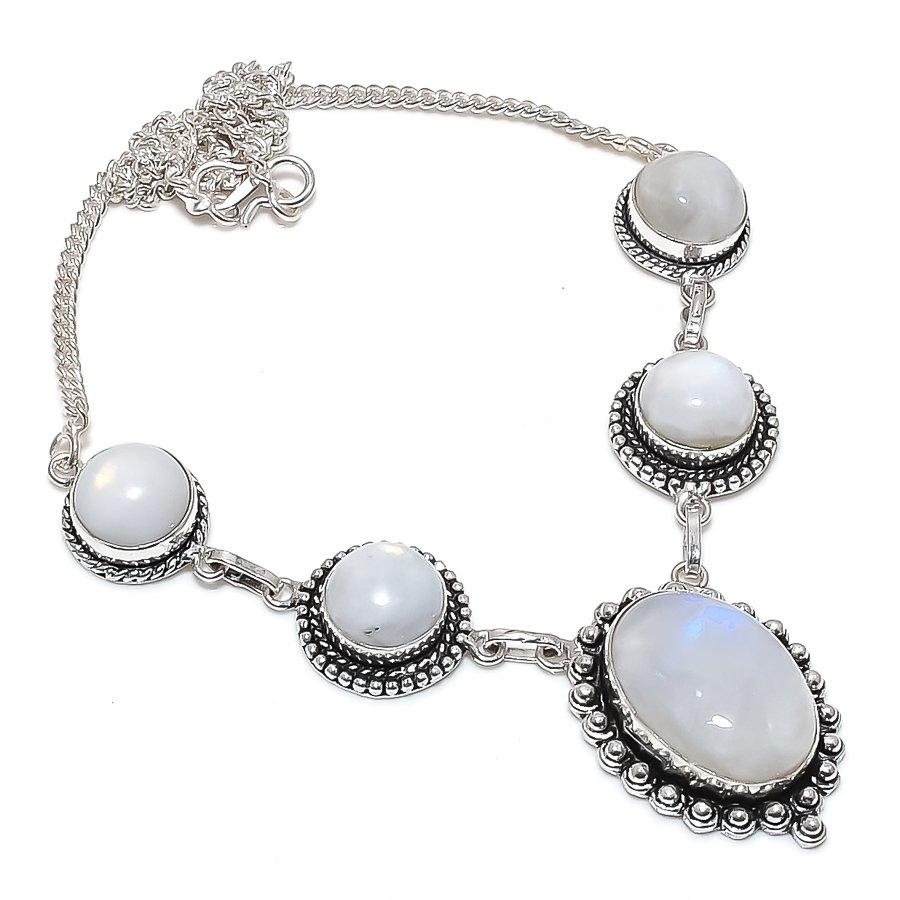 

Натуральный Лунный Камень Драгоценный Камень 925 Стерлинговое Серебро Ювелирное Ожерелье 18 E1w52