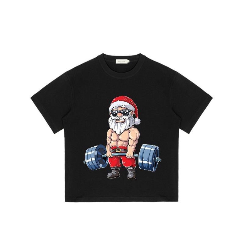 Men's Black T-Shirt Santa Claus Lifting Barbell Cartoon Print Casual Wear for Christmas Gym Fitness Fun Holiday Gift