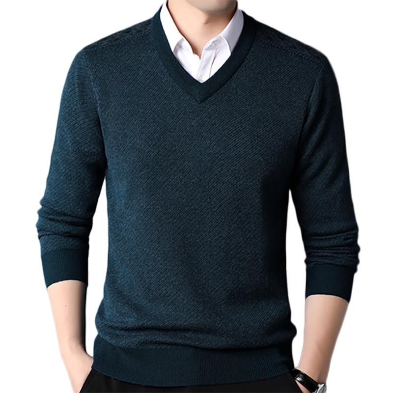ROMON Men's 100% Pure Wool V-Neck Thickened Striped Knit Sweater