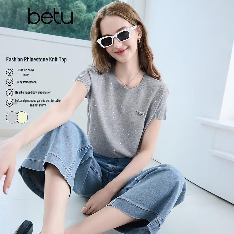 BETU Women's Rhinestone Knit Short-Sleeve Top