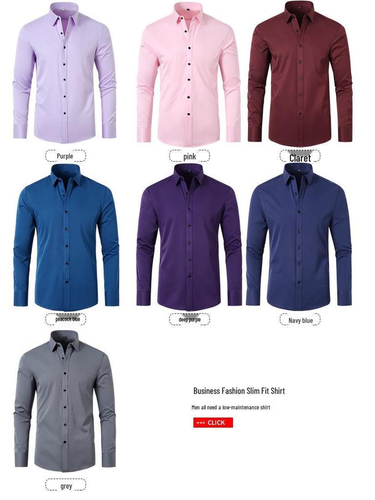 Korean Style Men's Slim Fit Solid Color Business Shirt