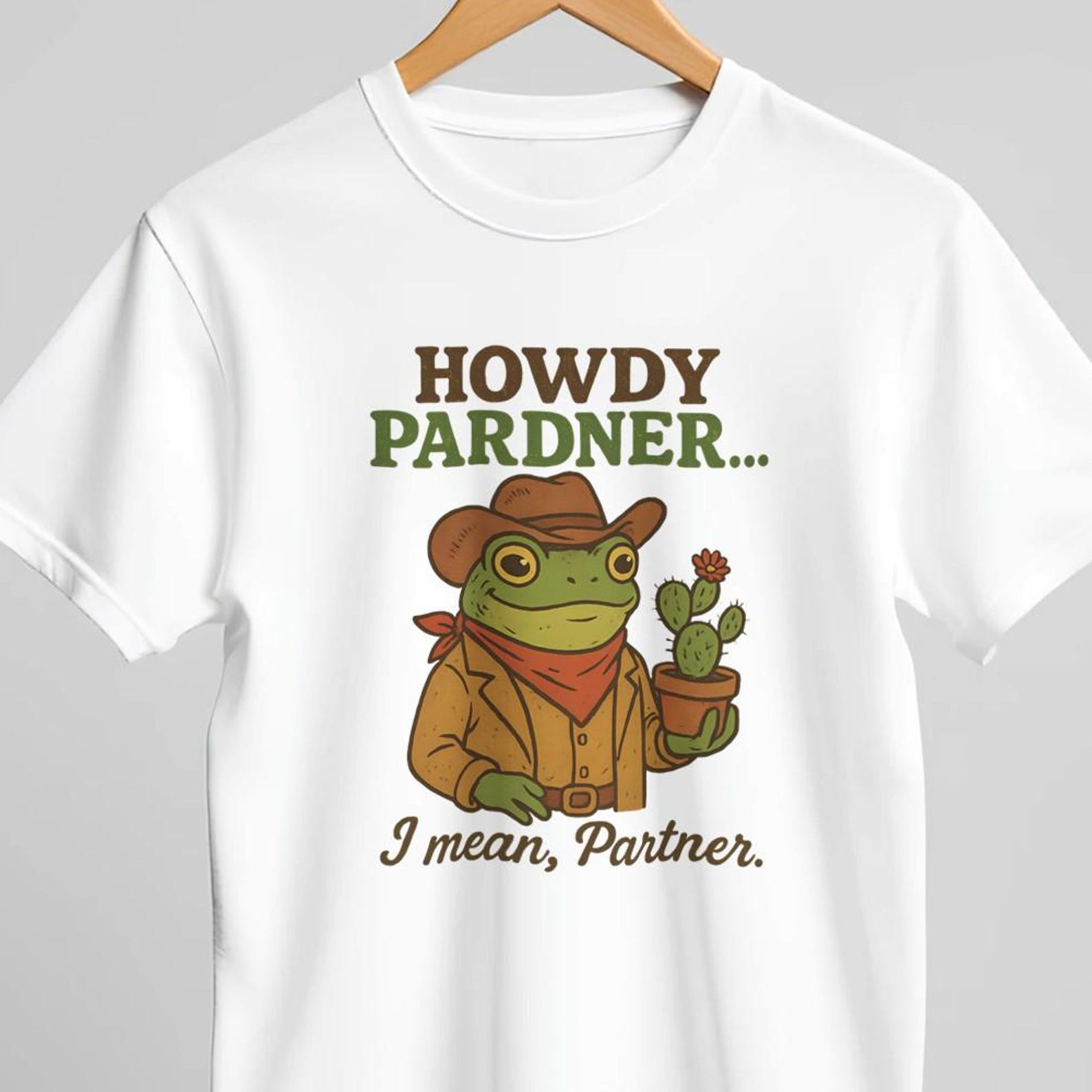 Howdy Pardner I Mean Partner Frog Cowboy T-Shirt, Funny Western Meme Tee, Cute Frogcore Cowboy Shirt 4XL