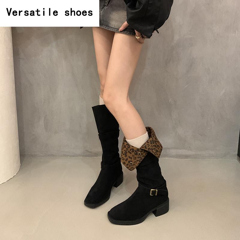 Vintage Leopard Print Women Western Cowgirl Boots Fashion Slip On Long Booties Ladies Elegant Thick Heels Botas Mujer
