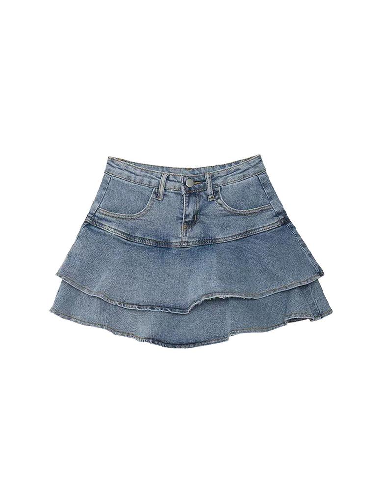 Denim Minirock Für Damen Hohe Taille Patchwork Sommer Rüschen Modisch Lässig Für Teenager