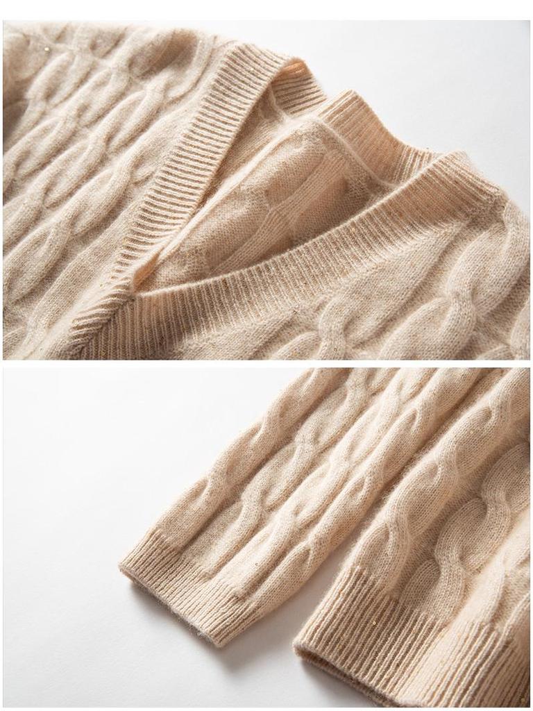 Women's V-Neck Loose Cable Knit Wool Sweater - Winter 2024 Casual Pullover Knitwear