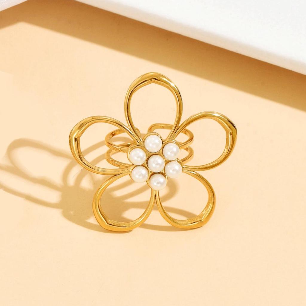 Chic Stainless Steel Hollow Flower Ring with Faux Pearl - Elegant Women's Floral Jewelry