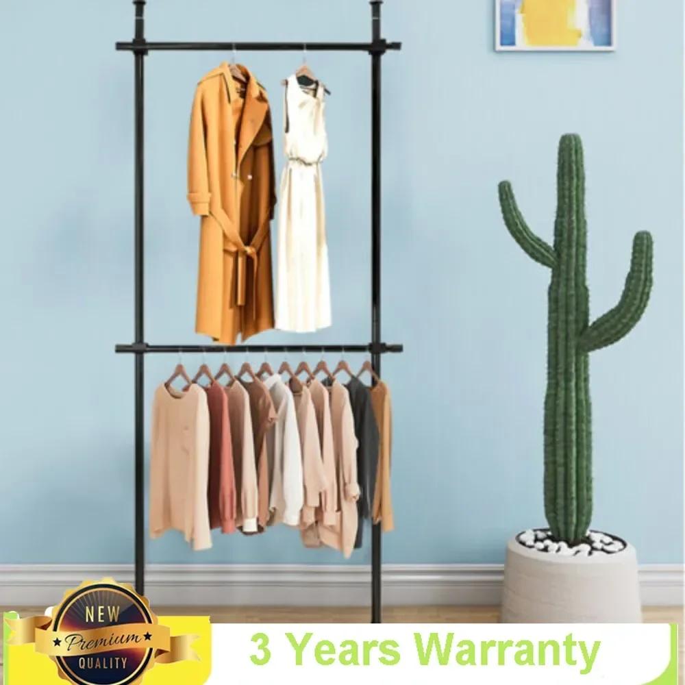 Bymaocar 2 Tiers Household Thicken Stainless Steel Poles Telescopic Drying Hanger Rack Storage Holder Adjustable Height & Length