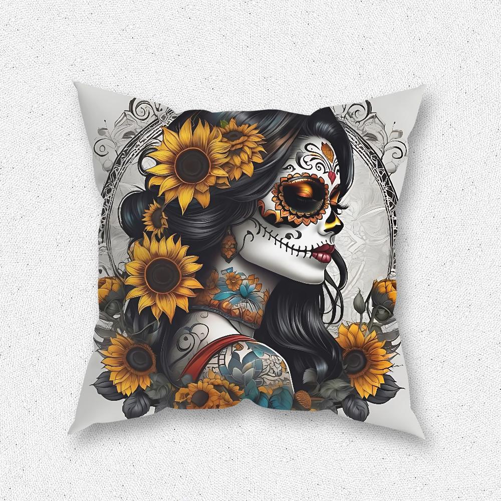 Mexican Catrina Skull Day of the Dead Pillow Case For Home Bedroom Room Decoration Living Room Sofa Cushion Cover Suitable