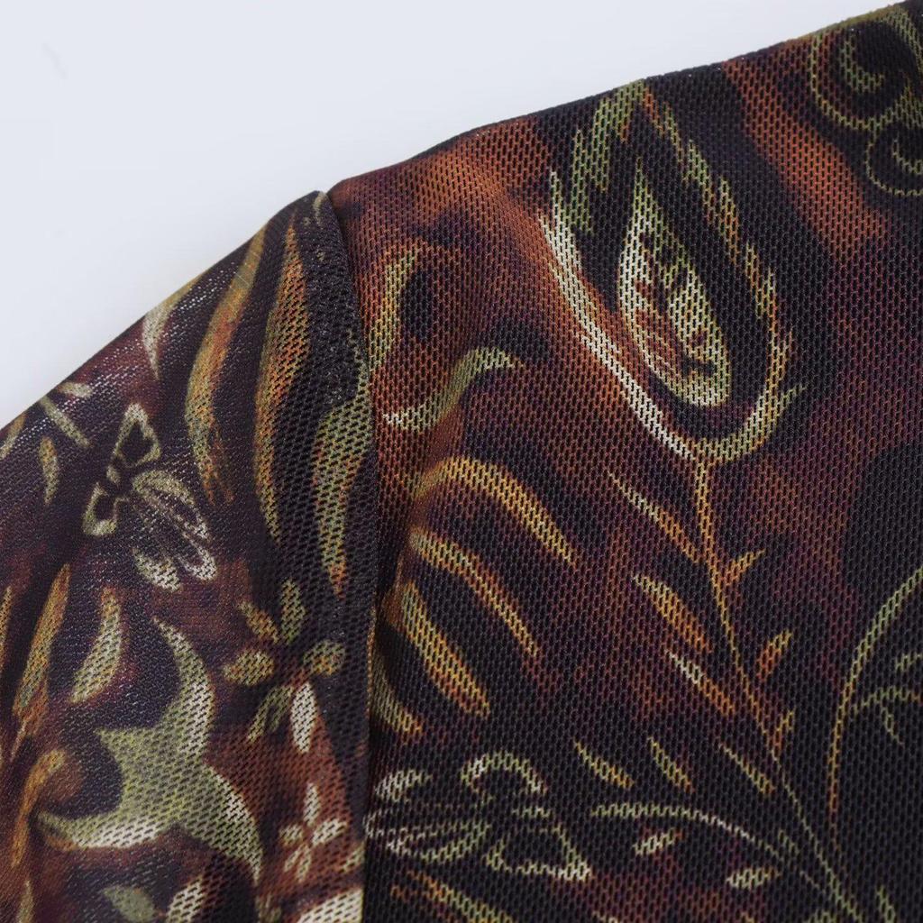 2024 Autumn Women's European & American Print Silk Waist-Hugging Long-Sleeve Short Dress