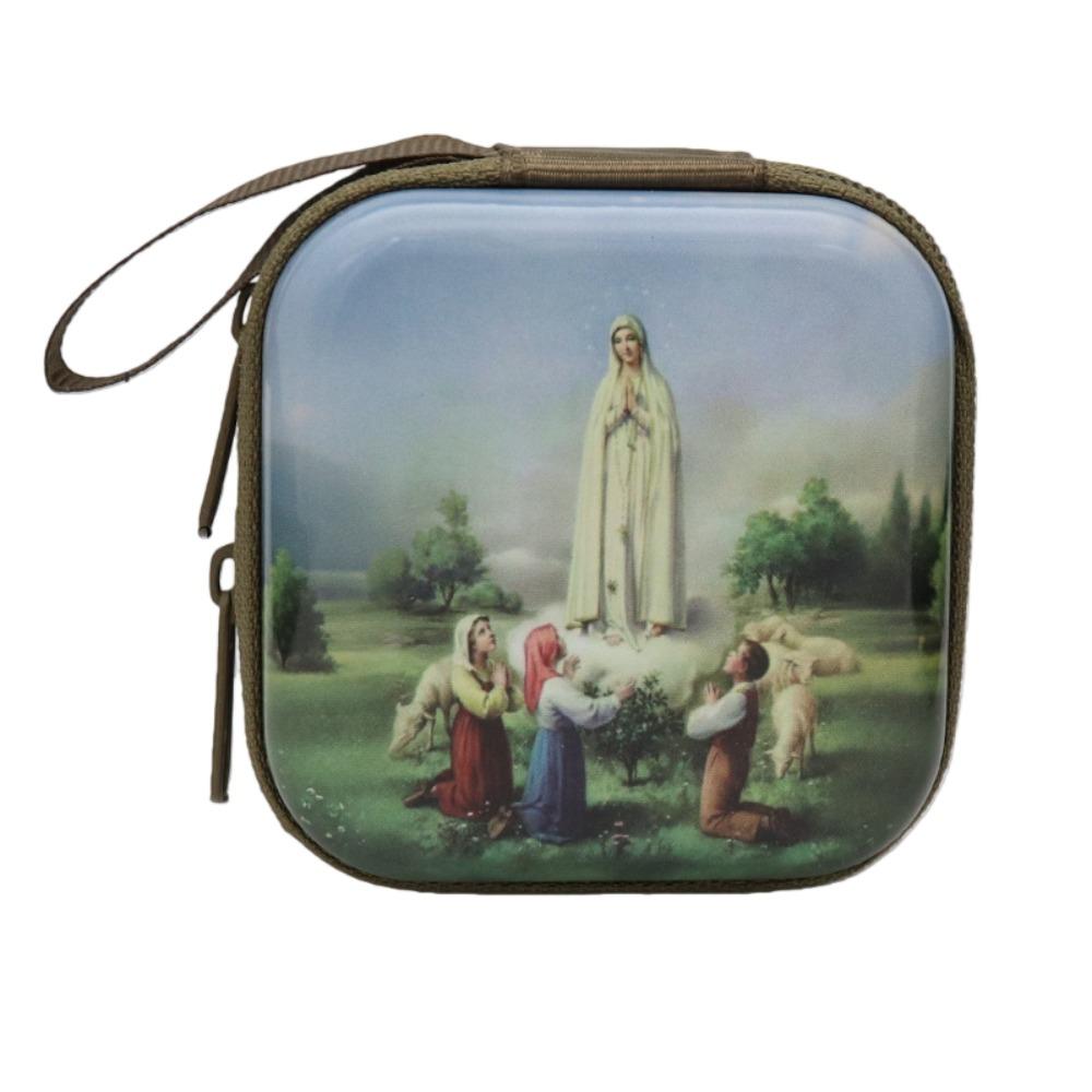 

Virgin Mary Prayer Rosary Storage Bag 7x7cm Iron Artwork Religious Jewelry Box Zippered Cartoon Prayer Kit Christian Devotees