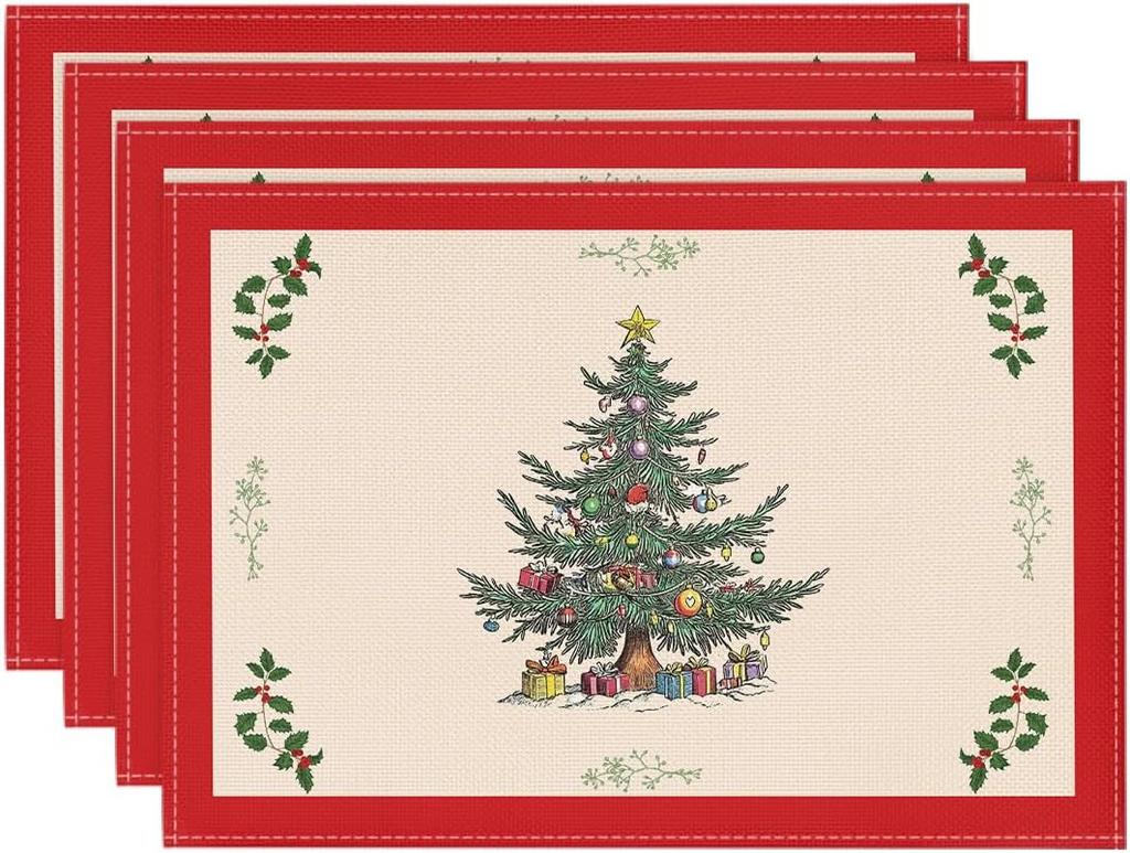 Christmas Tree Print Linen Placemats Bowls Plates Anti-slip Heat-insulating Mats Christmas Themed Table Mats for Home Decoration