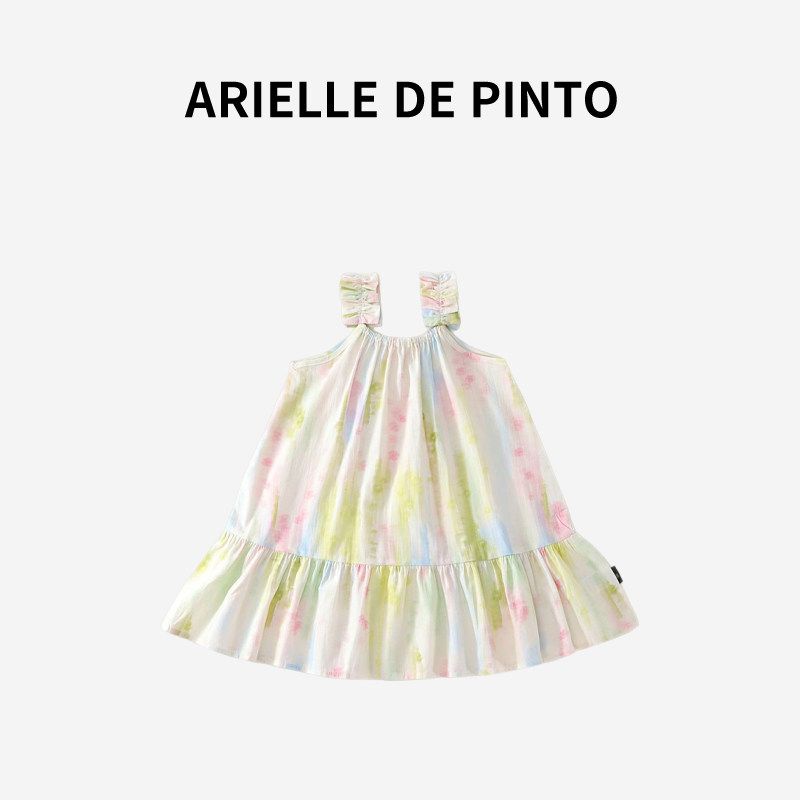 French Arielle De Pinto Girls  Dress, New Summer Style, Fresh Oil Painting Graffiti Style Dress Green flower 140