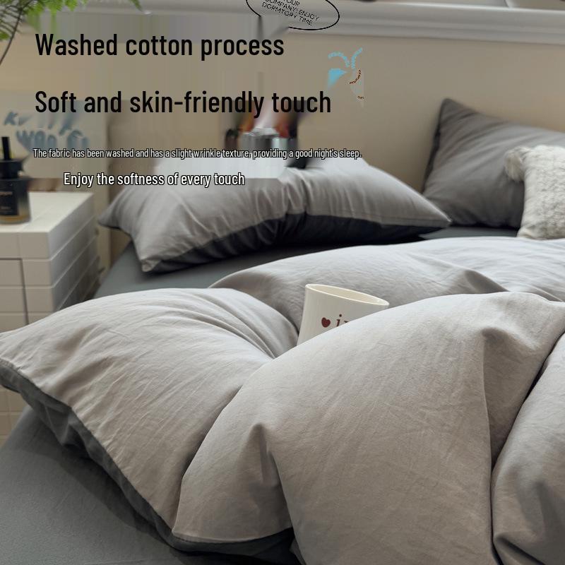 Skin-Friendly Washed Cotton Minimalist Bedding Set - Solid Color, 4 Pieces, Perfect for Dorms