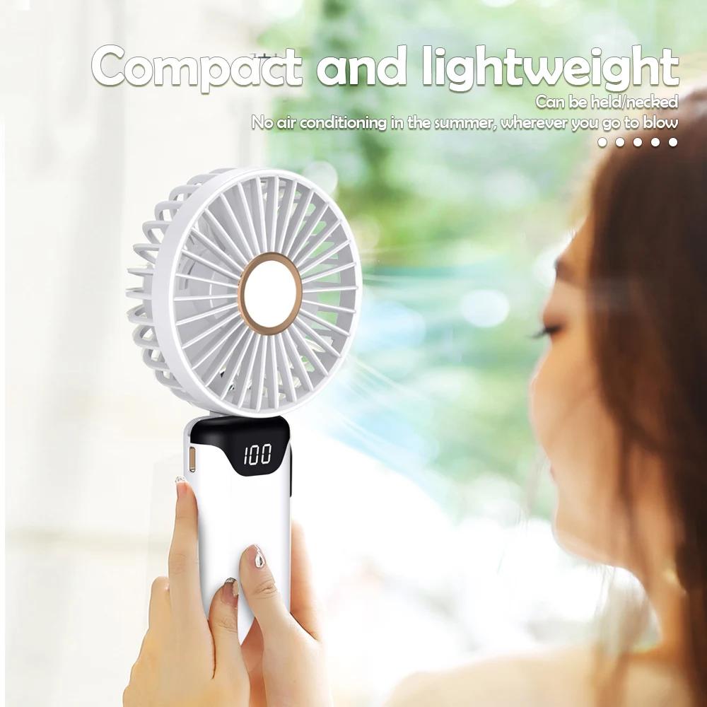 Handheld Mini Foldable Fan with Lanyard 5-speed Adjustable Wind Phone Stand High Speed Desktop Fan Rechargeable Hangin Neck Fans