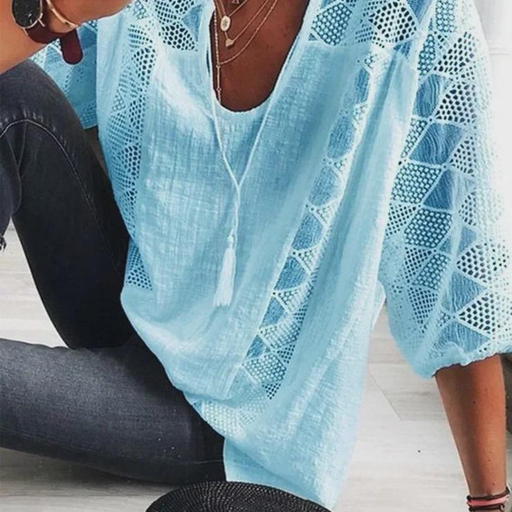 2025 European & American Lace U-Neck Loose Fit Three-Quarter Sleeve Top