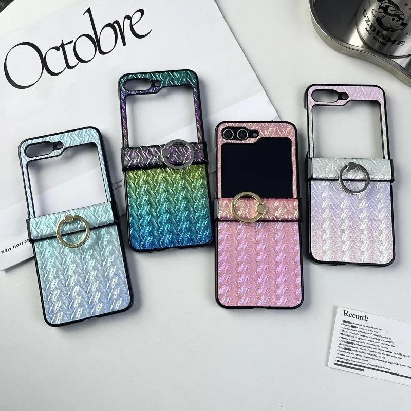 Ring Holder Weave Leather Plastic Phone Case for Samsung Galaxy Z Flip 6 5 4 3 Flip6 Flip4 Flip5 Hard Shell Shockproof Cover