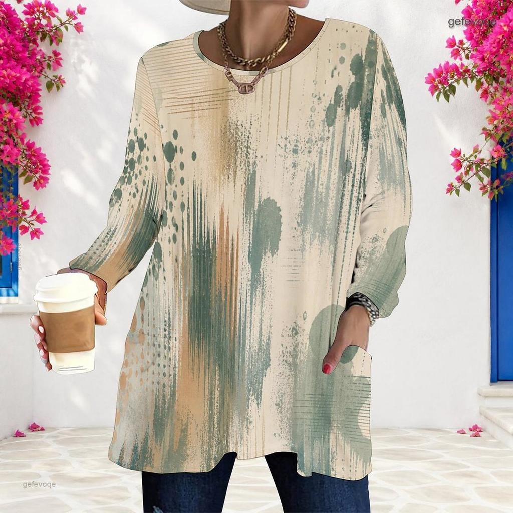 Women Plus Size Round Neck Long Sleeve Geometric Printed Loose Longline T Shirt With Pockets