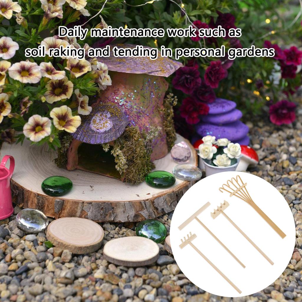 4pcs Garden Sand Rake Set Miniature Wood Handle Tools for Home and Office Decoration Meditations Rake Accessories