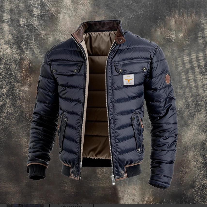 Men's Retro Leather Quilted Patchwork Warm Zipper Outdoor Jacket 2026
