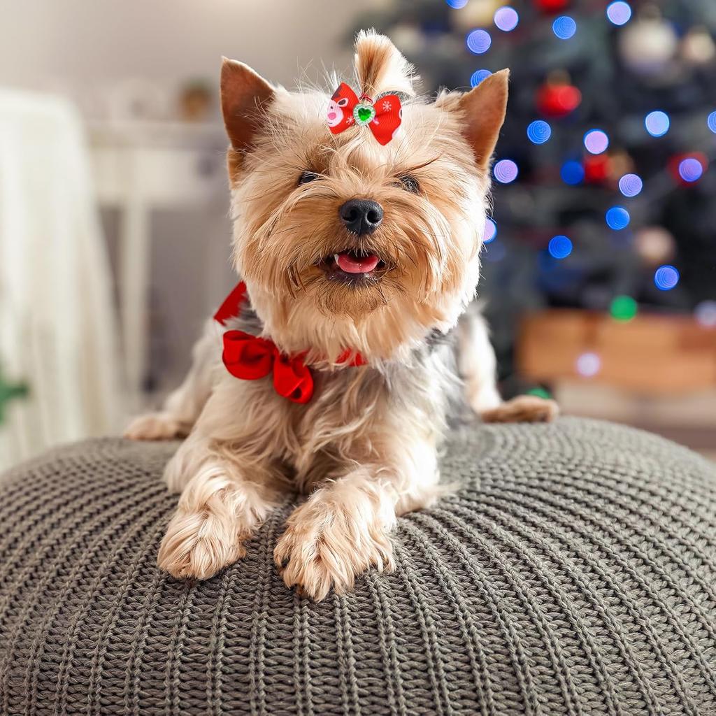 50PCS Christmas Dog Bows with Rubber Bands Puppy Hair Clips with Santa Claus Christmas Tree Elk Snowflake Dog Hair Accessories for Small Medium Dogs