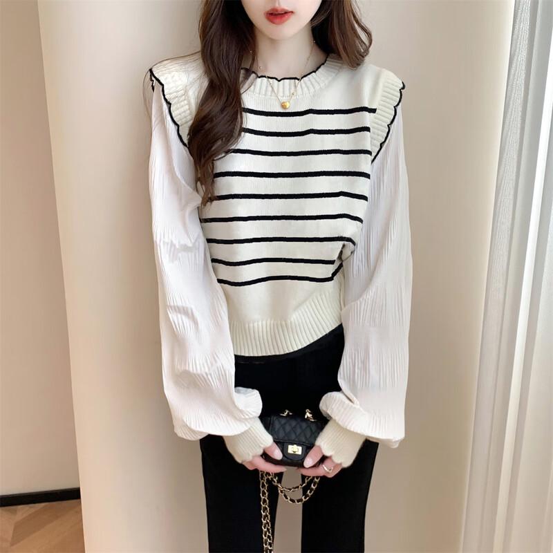 Tangshi Women's Round Neck Striped Faux Two-Piece Pullover Sweater