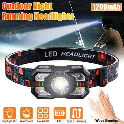 Smart IR Motion Sensor Headlamp Type-C USB Rechargeable Headlight Warning Light Waterproof Head Lamp Induction Head Flashlight