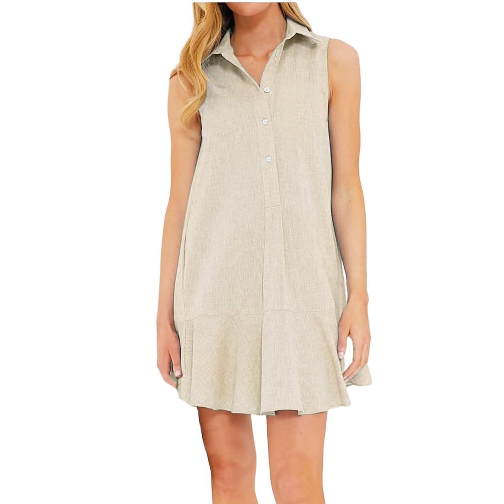 Women's Solided Lapel Sleeveless Nail Open Chest Pleated Ruffled Dress