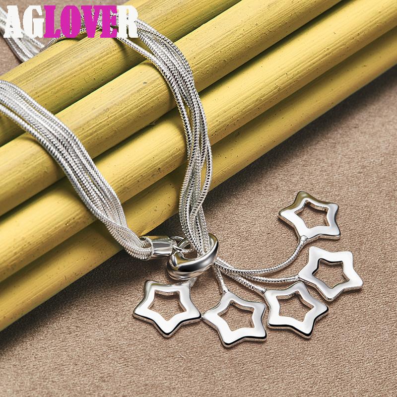 925 Sterling Silver Five Star Pendant Necklace 18 Inch Snake Chain Jewelry