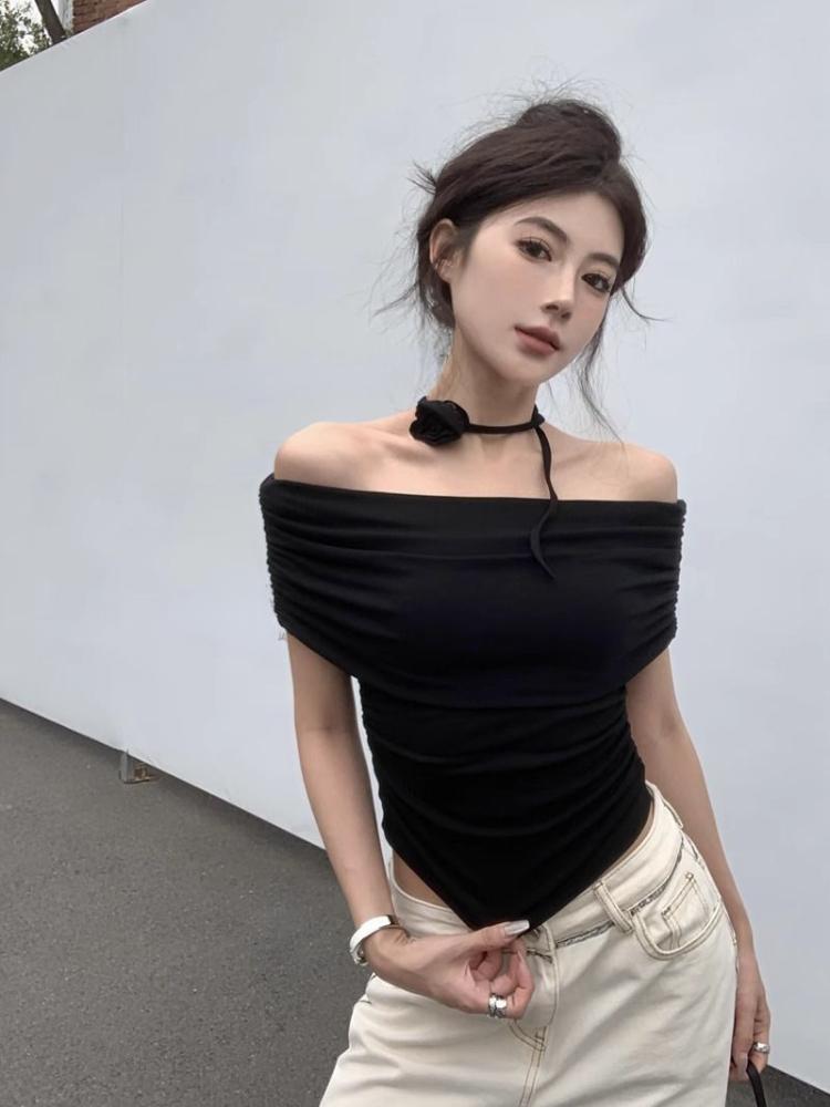 French Off Shoulder Short Sleeved T-shirt Female Summer New Pure Style Slim Elastic Short Blouse Korean Fashion Casual Tops Ins