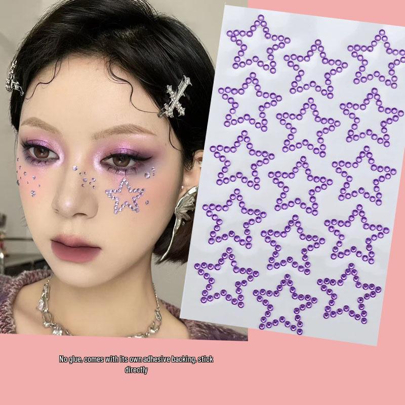 Concert Face Stickers: Five-Pointed Star, Blue Heart, Bowknot, Glue-Free Rhinestones for Makeup