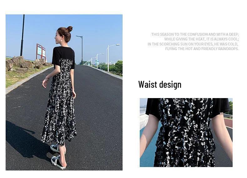 Hepburn Style Women's Floral Patchwork Midi Dress - Elegant High Waist Slimming Skirt for Summer 2026