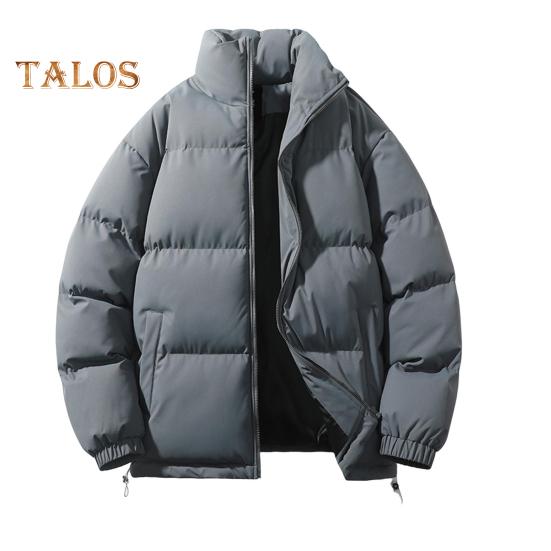 Women Men Cotton Coat Stand Collar Long Sleeve Drawstring Hem Puffer Jacket with Pockets Loose Fit Warm Winter Outerwear