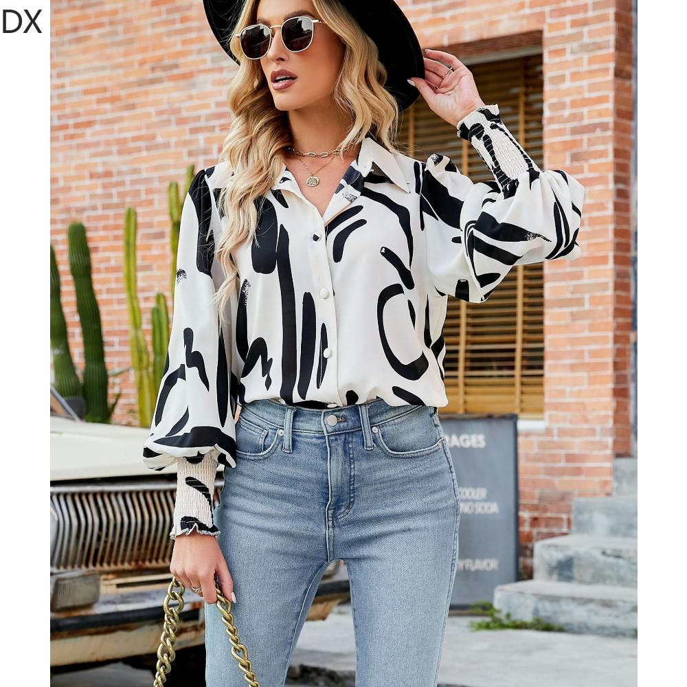 DX2018-8127 # - New Top Casual Print Bubble Shoulder Lantern Long Sleeve Shirt Women