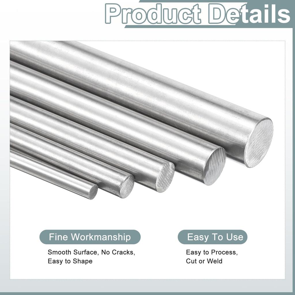 uxcell Set 304 Stainless Steel Rods 12mm x 153mm Solid Metal Shafts Round Bars for Model DIY Metalworking 5-Piece Lathes, Airplanes, Cars, Boats,