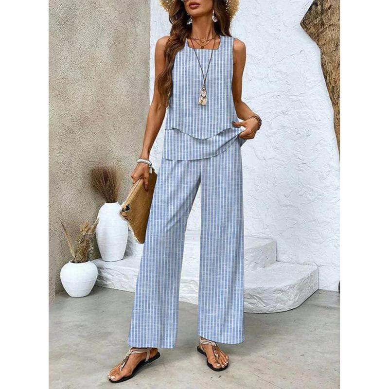 Women's Loose Fit Two Piece Outfit Sleeveless Tank Top High Waist Wide Leg Pants Set With 3D Abstract Print For Casual Summer Daily Wear