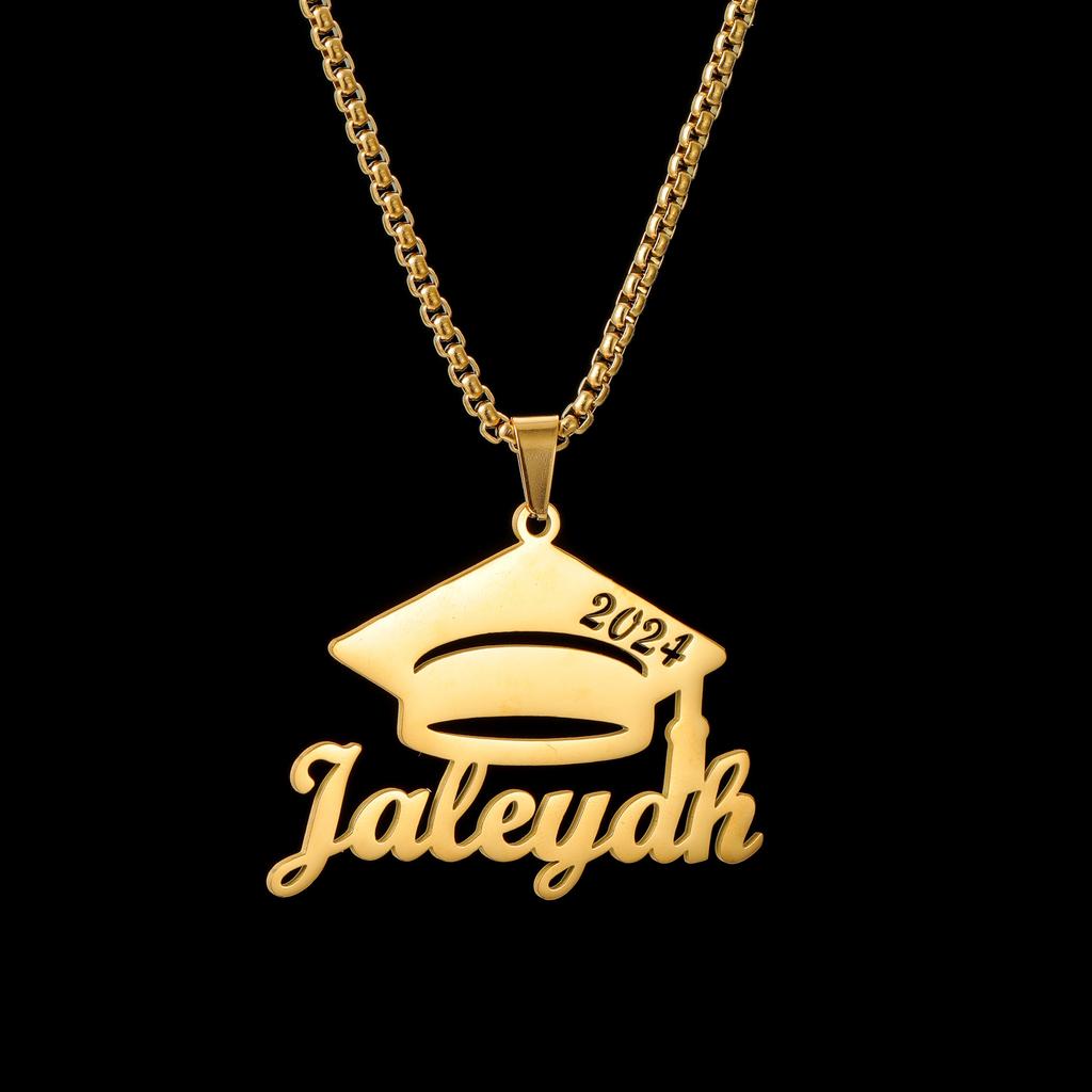 Atoztide Personalized Custom Name Necklace for Women Stainless Steel Bachelor's Hat Pendant Cuban Chain Graduation Jewelry Gift
