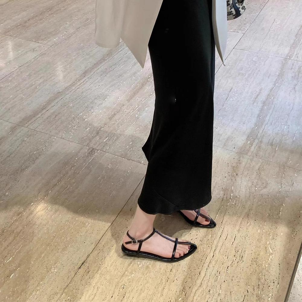 Lambskin~ Leather pointed cross thin strap open-toed sandals women's summer new one-button beach shoes niche sandals