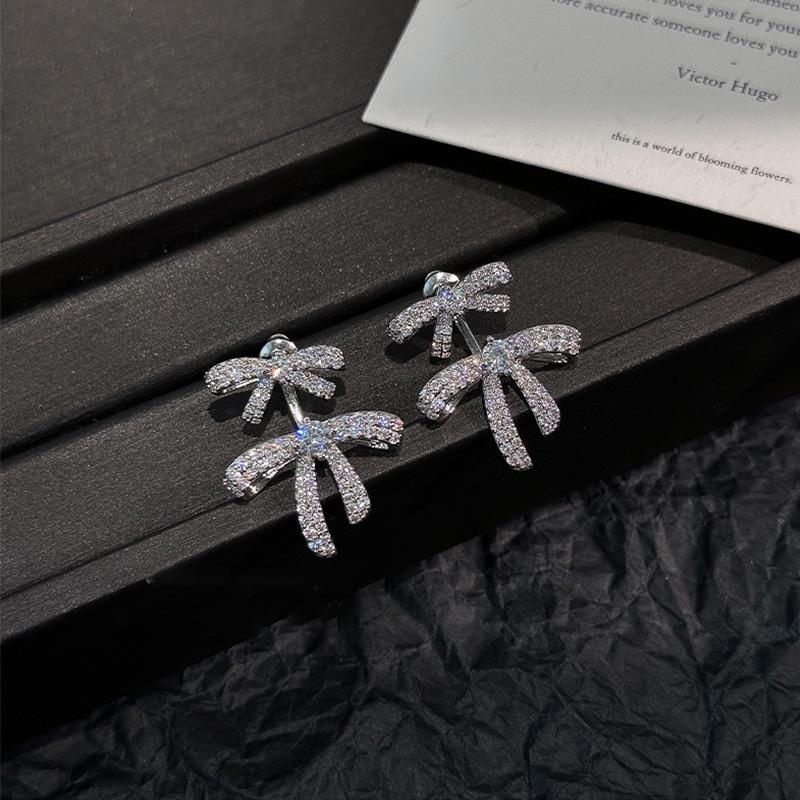 

S925 Sterling Silver Double Bow Earrings with Micro-Paved Zircon - Women s Luxury Convertible Studs