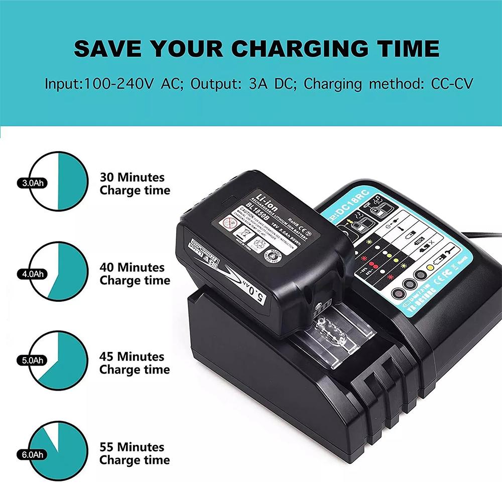 DC18RC Li-ion Battery 3A Charger for Makita 18V 14.4V BL1860B,BL1850B,BL1840,BL1830,BL1820,BL1415,BL1440 Power Tool Charger