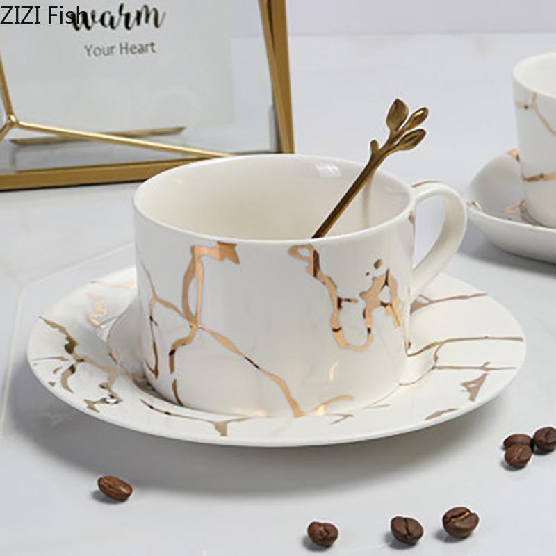 Gilded Marble Texture Ceramic Cup&saucer Dining Table Coffee Cup Milk Tea Mugs Afternoon Tea Teacup Fruit Juice Container