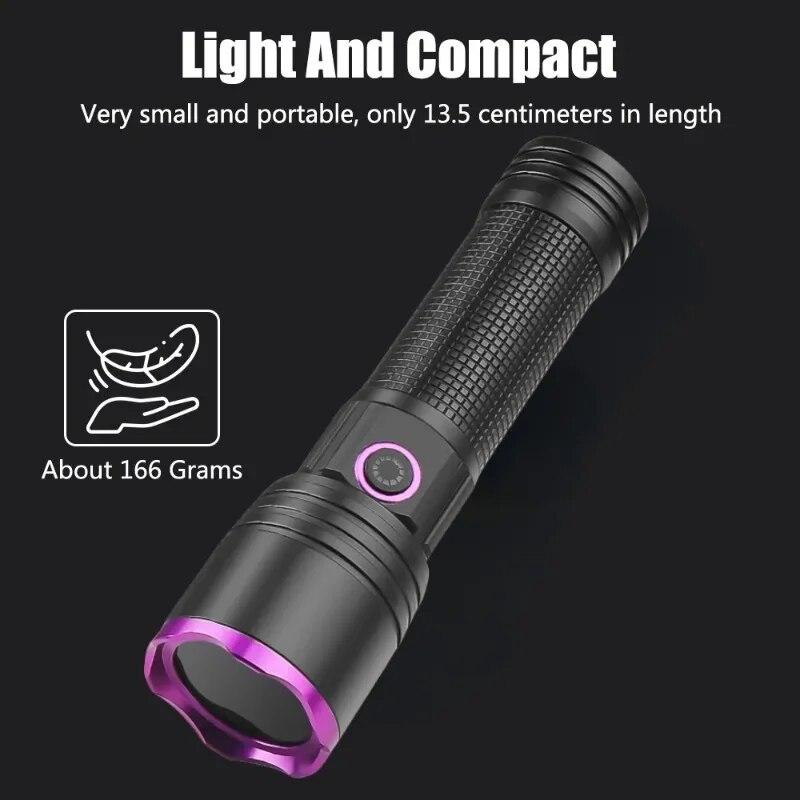 Professional 365nm UV Flashlight Type C Rechargeable Filtered LED Ultraviolet Detection Torch Pet Pee Urine, Rocks Gem Money Detector