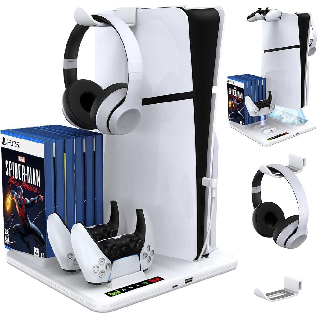 PARA PS5 Slim con estación de carga y soporte de almacenamiento para 8 juegos con ventilador de refrigeración y estación de carga para controlador PS5